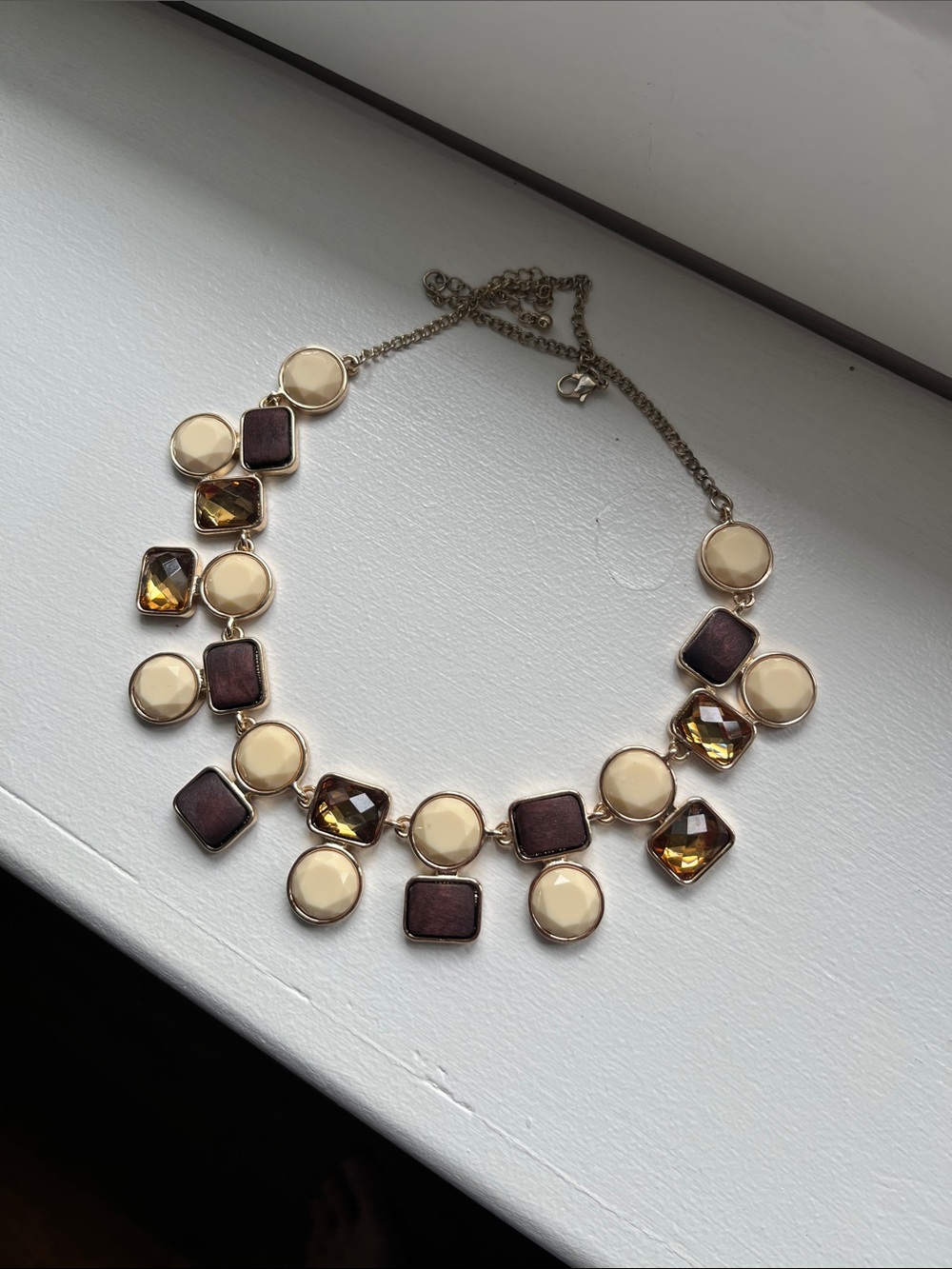 Gold Chain Statement Necklace with Cream, Brown and Amber Stones